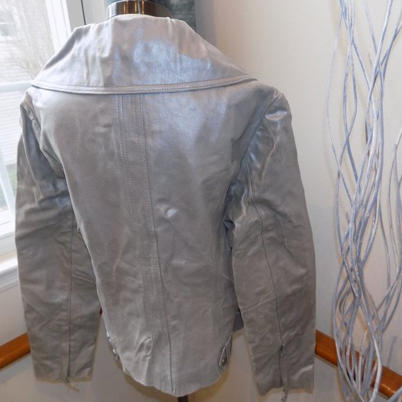 MIXIT Silver Distressed Genuine Leather Jacket and Grey Studded Gloves - Picture 3 of 5